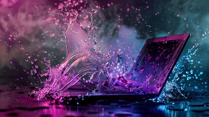 Laptop amidst a water splash, vibrant backlight, freeze motion, dynamic angle , High details - obrazy, fototapety, plakaty