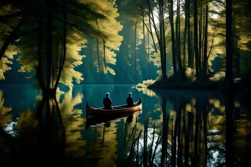 Foto op Canvas A canoe gliding through calm waters, with the reflection of towering trees on the surface of the lake. © WOW