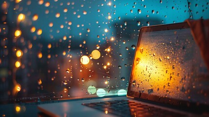 Raindrops on a window beside a glowing laptop, ambient light, cozy atmosphere , golden proportion