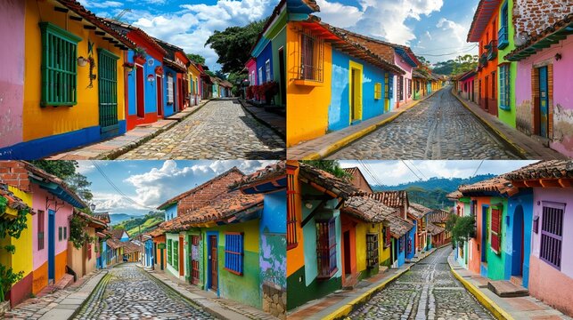 Brightly painted houses lining a cobblestone street, each facade a burst of joyful color.