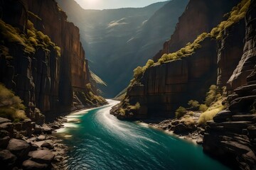 A river flowing through a rugged canyon, with steep cliffs towering on either side, creating a...