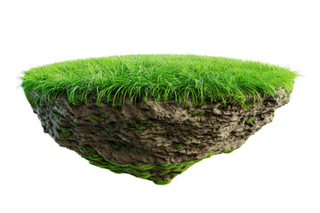 3d illustration Floating slice of land with green grass surface and soil section. isolated on white background, png