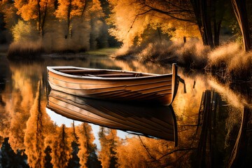 A wooden rowboat floating on a calm river, with the reflections of trees and clouds mirrored on the...