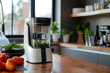 Design an abstract, elegant blender with a streamlined silhouette and translucent panels, showcasing its inner workings while adding a touch of modernity to any kitchen