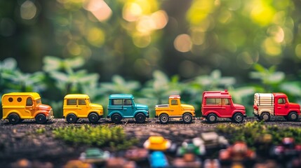 Colorful toy cars and trucks, lined up in a row, inspiring adventures and races in young minds.