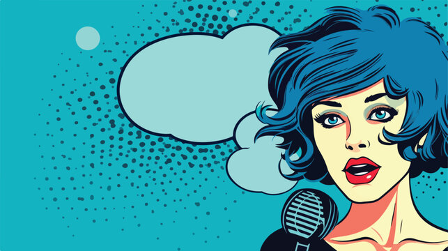 Woman with blue hair and speech bubble pop art styl