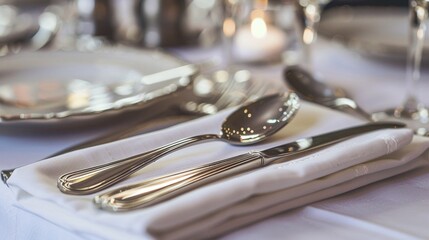 Elegant silver cutlery set arranged meticulously on a white linen napkin, ready to elevate any dining occasion.