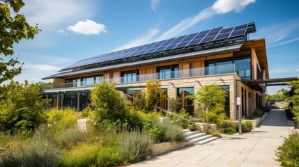 Eco-friendly university campus featuring advanced solar panels and wind turbines