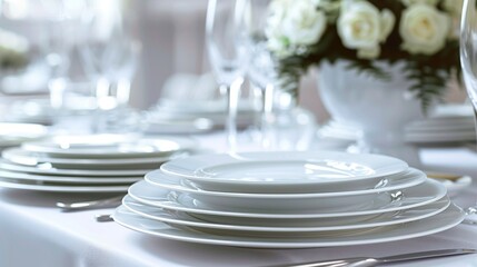 Elegant porcelain dinner plates arranged neatly on a white tablecloth, ready for a gourmet meal. - Powered by Adobe