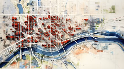 A detailed, technical blueprint showcasing urban planning and city