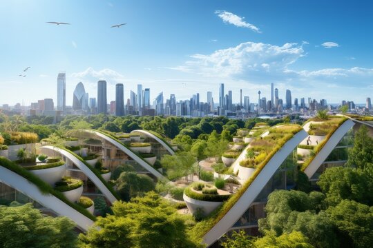 eco - friendly urban skyline, showcasing lush green roofs