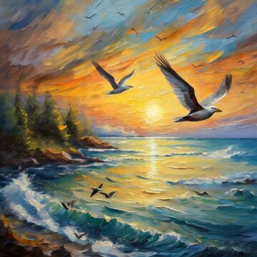 birds flying over the sea.an atmospheric oil painting capturing the quiet majesty of birds gliding over the calm sea at sunset. The rich, deep tones of the sky and water create a sense of depth and tr
