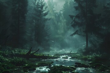 Mystical Forest Stream in Misty Woodland Landscape,Lush Evergreen Trees and Mossy Rocks Surround Tranquil Flowing Waterway - obrazy, fototapety, plakaty