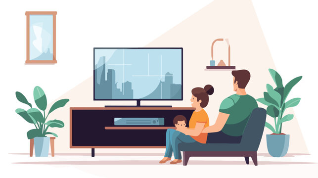 Young family watching tv with little boy people sit