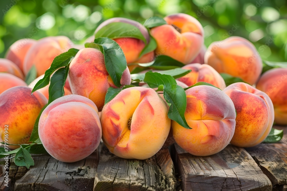 Canvas Prints Ripe and Juicy Organic Peaches and Nectarines on Rustic Wooden Table with Fresh Green Leaves