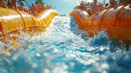 3D illustration of an epic water slide race, with viewers cheering from the sidelines, capturing the moment of victory