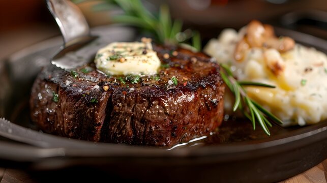 Seared Filet Mignon Steak with Rosemary Butter and Herbed Potatoes - A Savory Culinary Delight for the Discerning Epicure