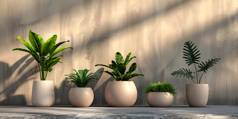 Many plants in pots in row at wall background Home gardening concept - obrazy, fototapety, plakaty