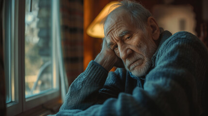 A depressed, confused elderly man with memory problems looking & thinking in a sad mood and lonely. Cognitive Impairment, Delirium mental confusion. Concepts of Alzheimer's, amnesia, or dementia.