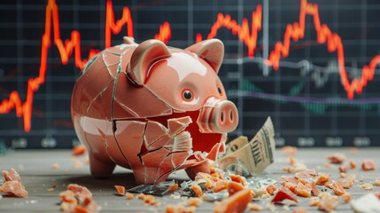 Tight shot on a shattered piggy bank with a financial crisis chart behind - obrazy, fototapety, plakaty