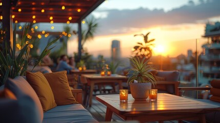 The rooftop bar provides a special time for people to socialize, with plenty of liquor and beer can see sunset in the city. - obrazy, fototapety, plakaty