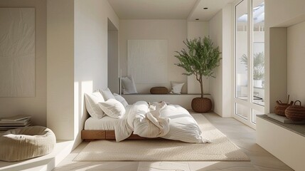 Fototapeta na wymiar Minimalist bedroom with clean lines, neutral tones, and uncluttered surfaces, promoting a sense of calm and tranquility.