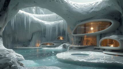 A visionary concept of futuristic architecture nestled within an ice cave, featuring warm glowing interiors that contrast the icy exterior.