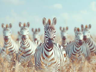 A group of zebras, seemingly headless, stand in a field, creating a scene of symmetrical chaos in light white and bronze hues. - obrazy, fototapety, plakaty