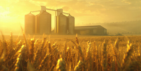 A grain field foregrounds grain silos, detailed in golden hues, critiquing consumer culture. - obrazy, fototapety, plakaty