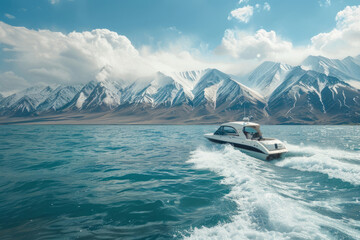 A speed boat traverses the ocean with mountains in the background, presenting a captivating scene in light navy and teal, showcasing precisionist aesthetics and glazed surfaces. - obrazy, fototapety, plakaty