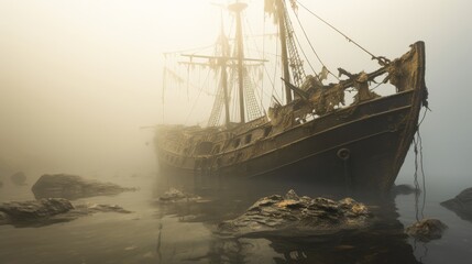 A spectral shipwreck fading in and out of view in the mist