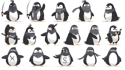 Obraz premium A series of penguin cartoon characters dressed in ninja outfits