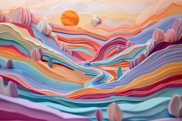 A vibrant landscape crafted from paper exhibits precise topography and a psychedelic feel.
