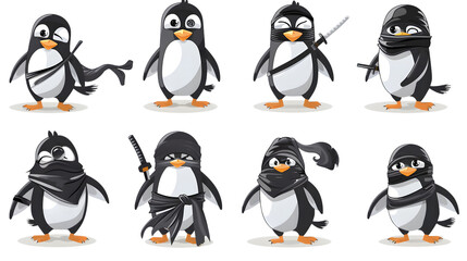 A series of penguin cartoon characters dressed in ninja outfits
