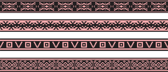 Vector set of pink and black Native American ornamental seamless borders. Framework of the peoples of America, Aztecs, Maya, Incas..