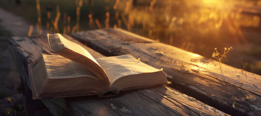 Gleaming sunrise over ancient scriptures an old Bible open on a rustic bench - obrazy, fototapety, plakaty