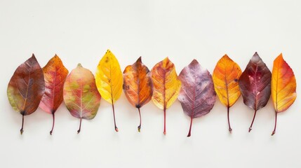 Fall foliage leaves against a white background form vivid color blocks, offering a panoramic scale and environmental awareness.