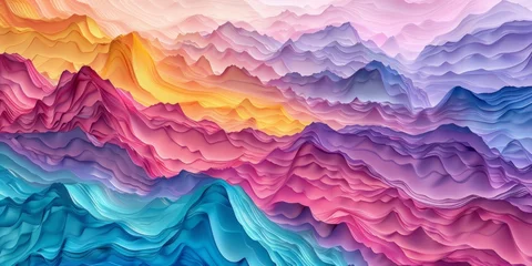 Fotobehang Multicolored paper forms backgrounds, creating surreal 3D landscapes through topographic photography and generative art. © Duka Mer