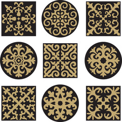 Vector set of golden and black signs Kazakh national ornament. Ethnic pattern of the peoples of the Great Steppe, .Mongols, Kyrgyz, Kalmyks, Buryats. circle, frame border.