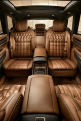 Luxurious front view of brown leather back passenger seats in modern stylish luxury car