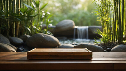 Bamboo product display podium for natural product. Empty outdoors scene with bamboo branch.