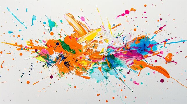Playful splashes of bright colors splattering across a clean white surface, a joyful expression of art.