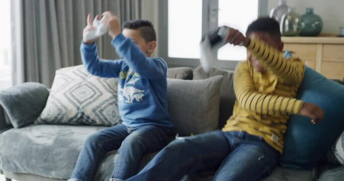 Friends, kids and play video game, winner in home living room and competition together. Tv technology, celebration and children on controller, console entertainment or rival loser at contest on sofa