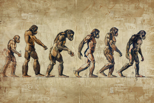 Human evolution, from primates to modern man, cultural development, historically rich illustration