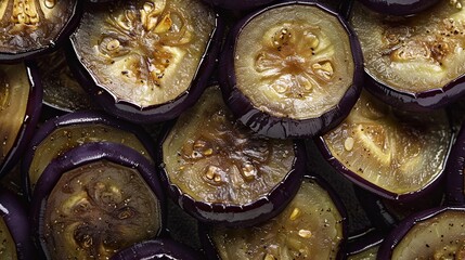 Sliced eggplant, ready to be grilled, roasted, or saut?(C)ed to perfection for a savory dish. - obrazy, fototapety, plakaty