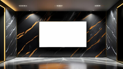 Indoor blank white LED screen for advertisement placement, Modern blank lcd screen against a black marble wall