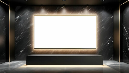 Indoor blank white LED screen for advertisement placement, Modern blank lcd screen against a black marble wall