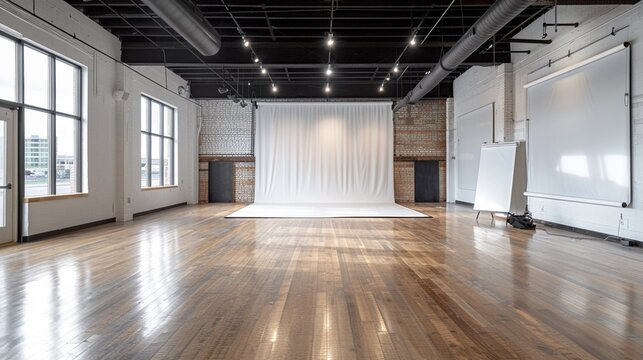 Spacious photography studio with professional lighting, backdrops, and equipment, perfect for capturing stunning images.