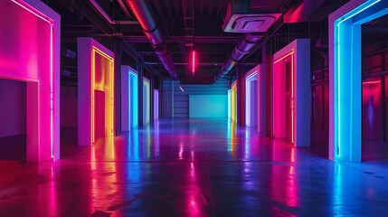 Studio space illuminated by vibrant neon lights, casting a colorful glow on the surroundings.