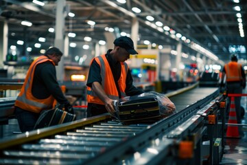 Two men in work attire standing next to a conveyor belt, loading and unloading luggage at an airport - obrazy, fototapety, plakaty